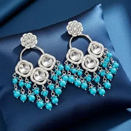 TESSARA Silver-Plated Kundan Studded And Beaded Geometric Shaped Drop Earrings image 2