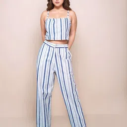 Zink London Women Striped Pure Cotton Blue & White Geometric Trousers-picture-27
