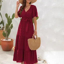 KPOP Women Tie-Ups Tiered V-Neck Flared Sleeve Cotton Fit & Flare Maxi Dress-picture-17