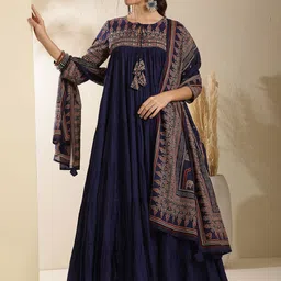 GULMOHAR JAIPUR Floral Yoke Design Sequinned Pure Cotton Kurta & Palazzo & Dupatta-image-0