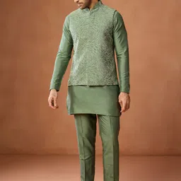 KISAH Men Green Silk Blend With Geometric Dotted Embroidered Woven Nehru Jackets-image-48