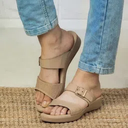 Kneetoes Women Beige Textured Buckled Sandals-image-68