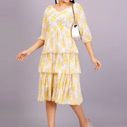 JC4U Floral Printed Gathered Or Pleated Georgette A-Line Midi Dress image 5