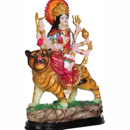Navyaksh Beige & Red Marble Maa Durga Idol on Lion Decorative Showpiece image 3