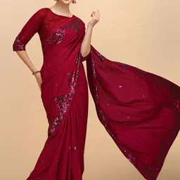 Sangria Burgundy Embellished Sequinned Silk Blend Heavy Work Saree image 3