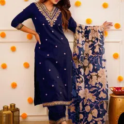 BAESD Embroidered V-Neck Straight Kurta With Trousers And Dupatta image 4