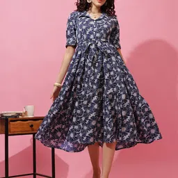 Honky Tonky Floral Printed Shirt Collar Crepe Fit & Flare Midi Dress-image-61