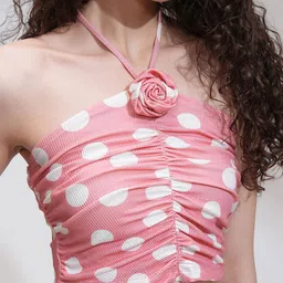 Tokyo Talkies Pink Polka Dot Printed Halter Neck Corsage Top With Skirt image 3