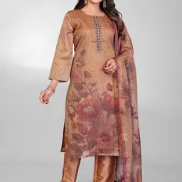 HERE&NOW Women Floral Printed Regular Thread Work Linen Kurta with Trousers & With Dupatta image 5