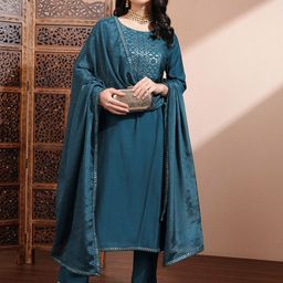 Vishudh Teal Floral Embroidered Round Neck Regular Sequinned Kurta With Trouser & Dupatta-picture-44