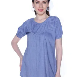 CEFALU Puff Sleeve Denim High-Low Top-picture-16