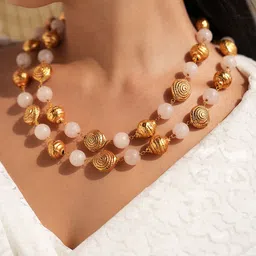 Binnis Wardrobe Gold Plated Artificial Stone Studded & Beaded Necklace With Earrings image 2