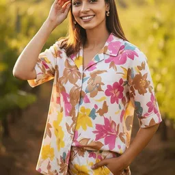 Kethi Fashion Floral Printed Lapel Collar Shirt & Trousers Co-Ord Set image 2