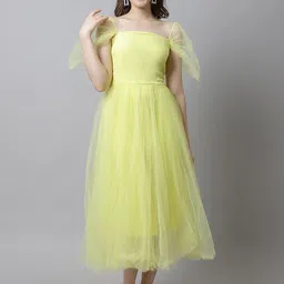 CORSICA Women Puff Sleeve Net Fit & Flare Midi Dress-image-14