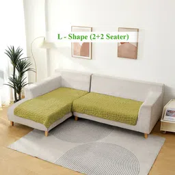 HOKIPO Pristine Green 2 Pcs Premium Pebble Milk Velvet L Shape 4 Seater Sofa Cover Mat-picture-35