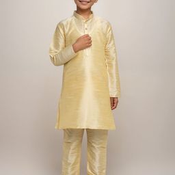 DEVOILER Boys Mandarin Collar Dupion Silk Straight Kurta With Churidar-picture-4