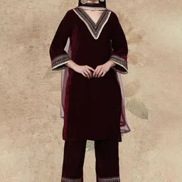 AVANSHEE Women Ethnic Motifs Embroidered Regular Thread Work Velvet Kurta with Trousers & With Dupatta-picture-27