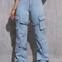 ROBECULT COLLECTION Women Comfort Mid-Rise Light Fade Stretchable Cargo Wide Leg Jeans-image-83