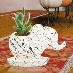 LASAKI Jumbo White & Yellow Printed Elephant Shaped Ceramic Planter With Plate image 4