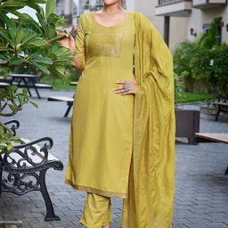 Royal Export Embroidered Yoke Design Straight Kurta with Trousers & Dupatta-picture-17
