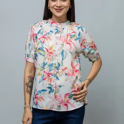 PURYS Floral Print Mandarin Collar Top image 5