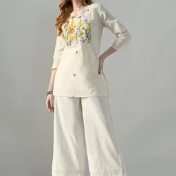 HERE&NOW Embroidered Pure Cotton Tunic & Trousers Co-Ord Set-picture-38