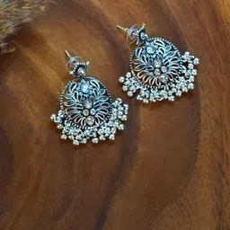 trueBrowns Sliver-Plated Artificial Stones & Beads Circular Shaped Oxidised Drop Earrings-picture-10