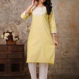 AUZAAI COLLECTION Striped Thread Work Pure Cotton Straight Kurta With Trousers-image-53