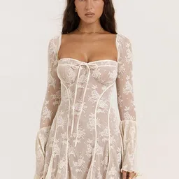 KPOP Women Semi Sheer Flared Sleeve A-Line Dress-picture-15