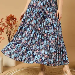 LookShine Floral Printed Flared Pleated Maxi Skirt-image-72