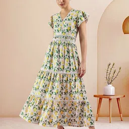 DressBerry Tropical Print Flutter Sleeve Crepe Fit & Flare Midi Dress-image-9