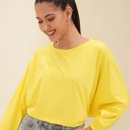 tokyo talkies Women Solid Round Neck Cotton Blend Yellow T-Shirt image 1