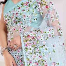 Peachmode Floral Embroidered Net Saree image 2