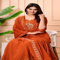 AREEH Women Ethnic Motifs Printed Panelled Thread Work Pure Cotton Kurta with Trousers & With Dupatta image 2