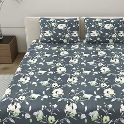 dreamscape DREAM WEAVERZ Grey & White Floral Printed 140 TC Queen Bedsheet Set 2.23m x 2.39m image 2