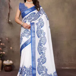 WOVENSTOCK Ethnic Motifs Zari Pure Linen Handloom Block Print Saree-picture-38