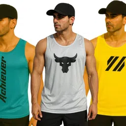 harshtrendz Pack of 3 Men’s Polyester Gym Vest Combo – Pack of 3 Printed Sando Men Vest image 1
