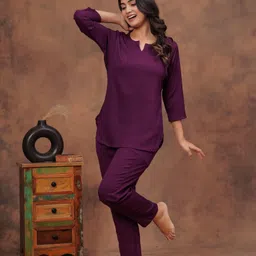 dizon Women Top & Pyjama Set Purple Solid image 3