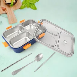 savi Stainless Steel Lunch Box with 3 Compartment with spoon & fork 3 Containers Lunch Box image 4