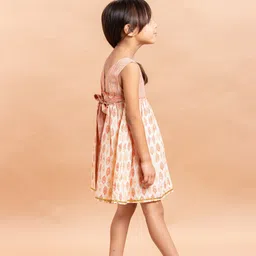 Sangria Girls Beige & Orange-Coloured Ethnic Motifs Printed Pure Cotton Fit & Flare Dress image 3