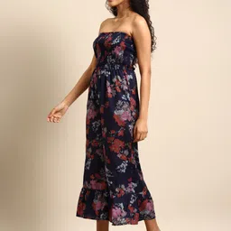 DODO & MOA Navy Blue & Brown Off-Shoulder Floral Printed Smocked Basic Jumpsuit image 5