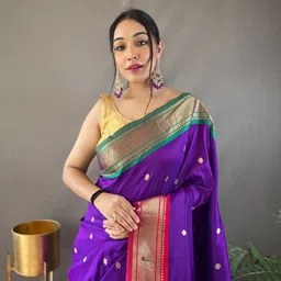 Mitera Purple & Red Ethnic Motifs Woven Designed Zari Paithani Saree image 2