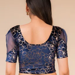 Bindigasm's Advi Printed Round Neck Puff Sleeve Velvet Saree Blouse image 4