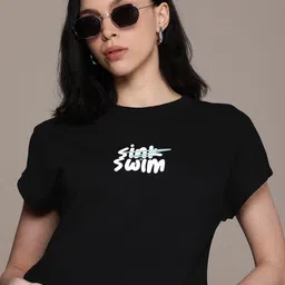 roadster Women Printed Round Neck Cotton Blend Black T-Shirt image 1