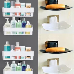 zenvio 4 Bathroom Wall Shelves + 4 Soap Stand Home Kitchen Bathroom Accessories Plastic Wall Shelf-picture-16