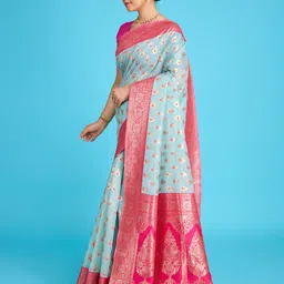 NIWAA Ethnic Motif Zari Woven Pure Linen Banarasi Saree image 3