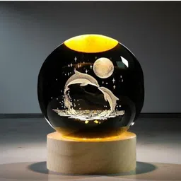 wordgizzlestore 3D Crystal Ball Dolphin LED Night Lamp | Decorative Table Light with Wooden Base Night Lamp image 2