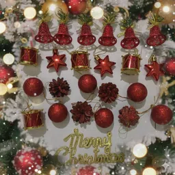 sanjolie Christmas Tree Decor(Bells,Balls,Stars,Drums,Pine Cones, Merry Christmas Sign) Hanging Ornaments Pack of 24 image 2