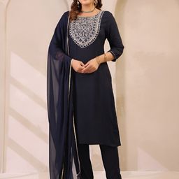 Anouk Rustic Women Ethnic Motifs Embroidered Pure Cotton Kurta with Trousers & Dupatta-picture-48