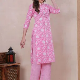 JC4U Floral Printed Mandarin Collar Pure Cotton Kurta With Palazzo image 4